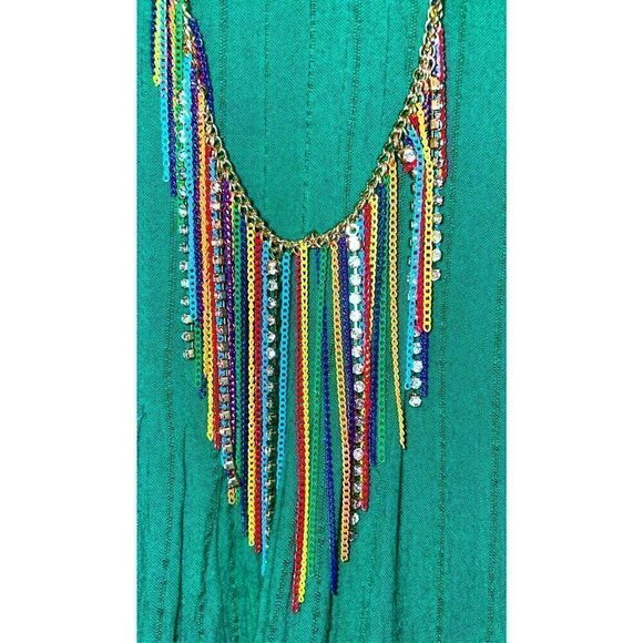 Vintage Multi Colored Chain Fringe and CZ Boho Necklace… Rare! - Picture 1 of 11